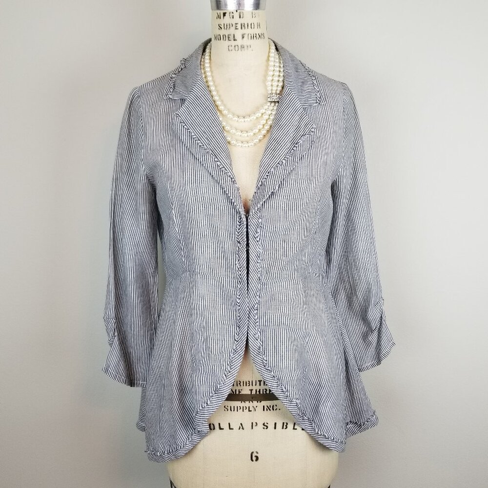 Mystree Fine Blue & White Striped Fitted Blazer Lightweight with Frayed Edges SM